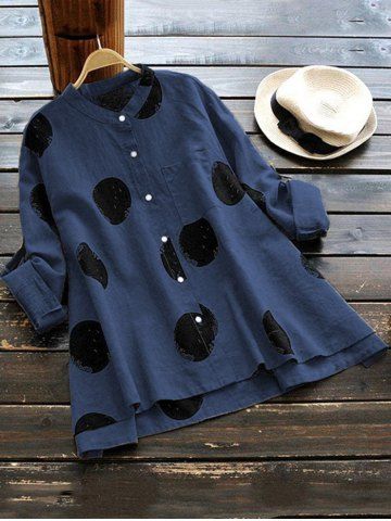 Plus Size Polka Dot Patch Pocket Roll Sleeve Shirt - DEEP BLUE - L