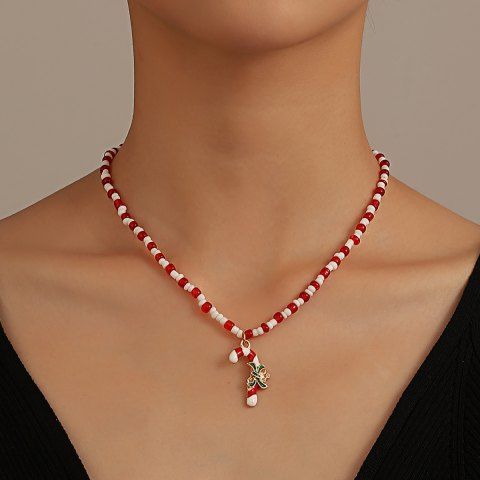 Christmas Gift Beads Candy Cane Pendant Necklace - MULTI