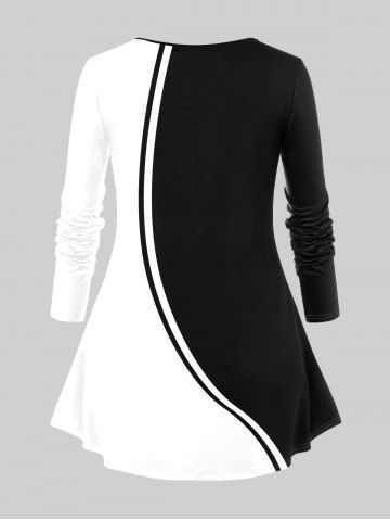 Plus Size 3D Rose Printed Colorblock Long Sleeves Tee