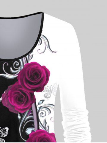 Plus Size 3D Rose Printed Colorblock Long Sleeves Tee