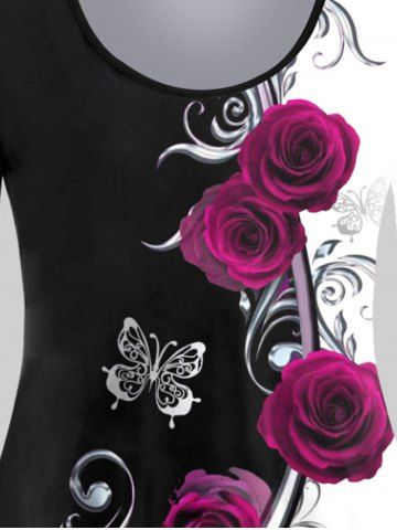 Plus Size 3D Rose Printed Colorblock Long Sleeves Tee