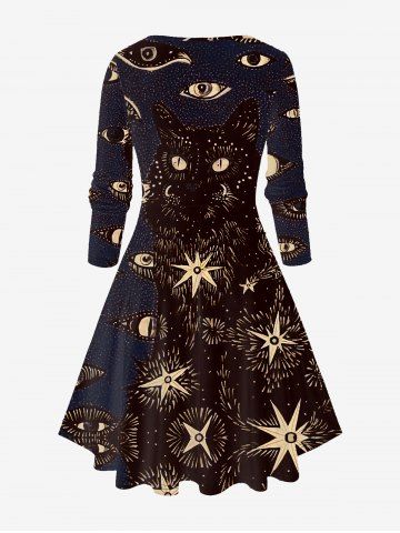 Plus Size Cat Eye Print Long Sleeve Dress