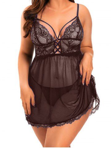 Plus Size Lace Panel Solid Color Sheer Mesh Cut Out Lingerie Dress - BLACK - L