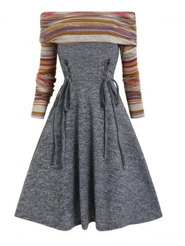 Off The Shoulder Colorful Stripe Panel Foldover Lace Up Knit Dress - GRAY - S