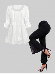 Roll Tab Sleeve Broderie Anglaise Blouse and Bell Bottom Pants Plus Size Fall Outfit -  