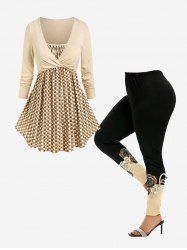 Plus Size Polka Dot Cross Long Sleeves Tunic 2 in 1 Tee and Rose Print Leggings Outfits -  