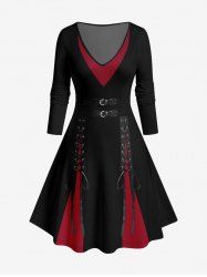 Plus Size Two Tone 3D Buckle Lace-up Print Dress -  