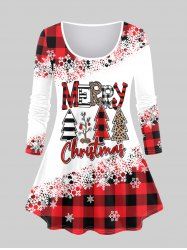 Plus Size Christmas Snowflake Checked Tree Print T-shirt -  