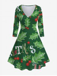 Robe de Noël Ligne A à Imprimé Feuille de Grande Taille - Vert 5x | US 30-32