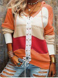Contrast Colorblock Lace Up Long Sleeve Pullover Hooded Knit Top -  