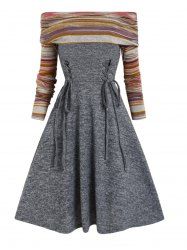 Off The Shoulder Colorful Stripe Panel Foldover Lace Up Knit Dress -  