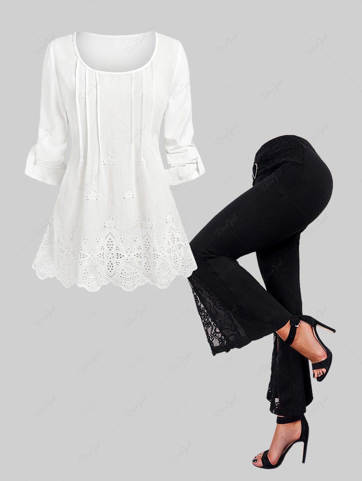 Shop Roll Tab Sleeve Broderie Anglaise Blouse and Bell Bottom Pants Plus Size Fall Outfit  