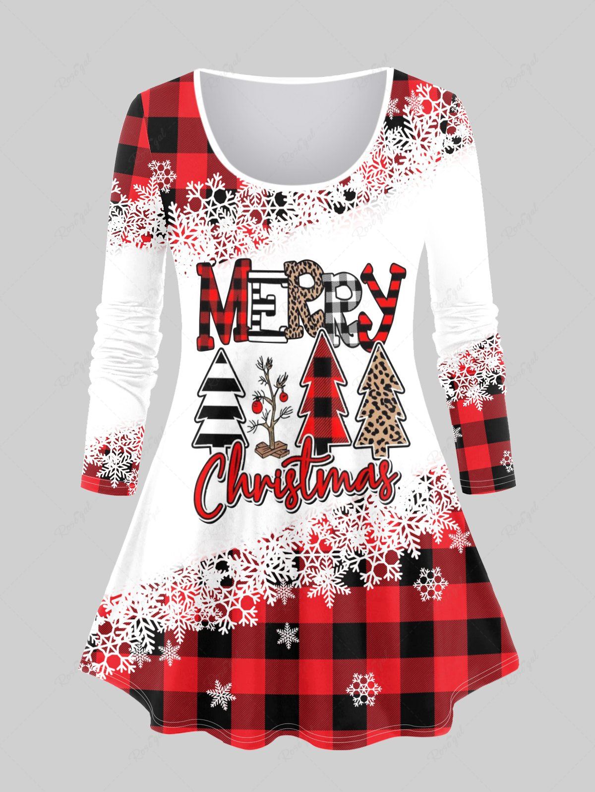 Chic Plus Size Christmas Snowflake Checked Tree Print T-shirt  