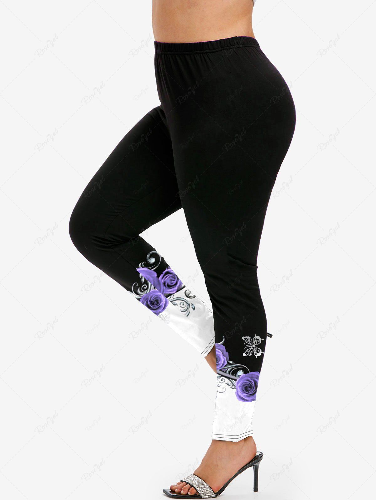 Trendy Plus Size 3D Rose Butterfly Printed Colorblock Skinny Leggings  