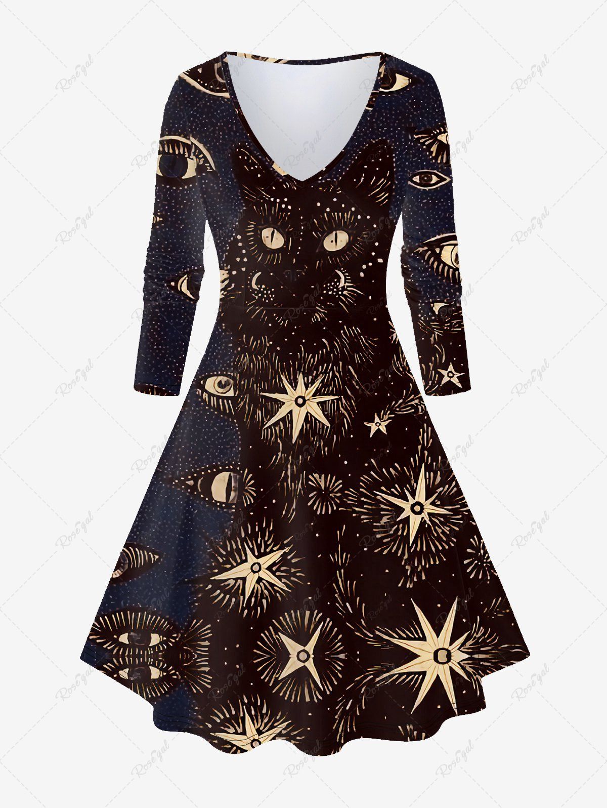 Hot Plus Size Cat Eye Print Long Sleeve Dress  