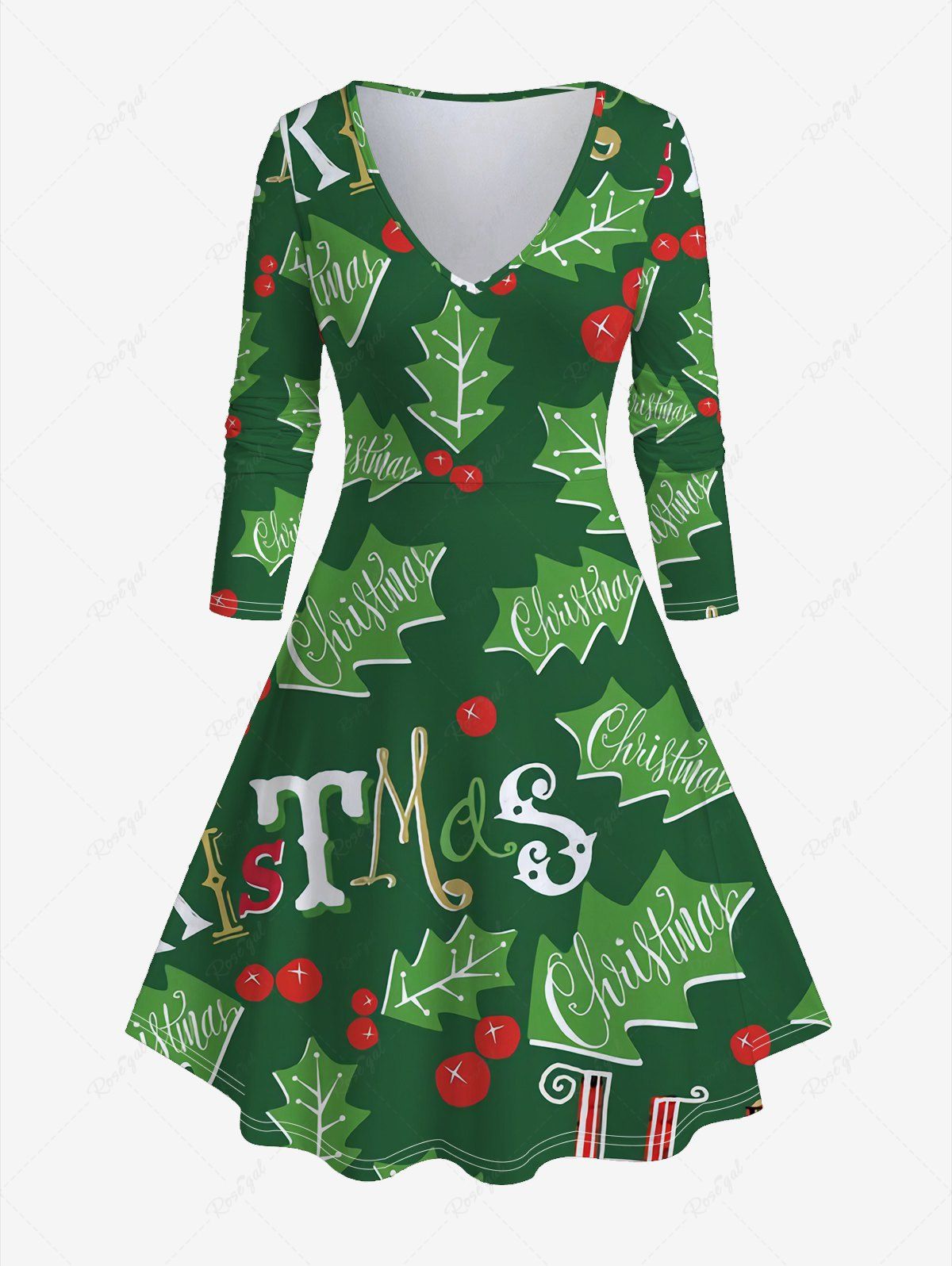 Robe de Noël Ligne A à Imprimé Feuille de Grande Taille Vert 5x | US 30-32