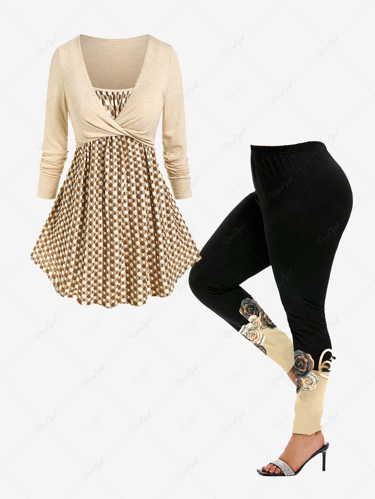 Sale Plus Size Polka Dot Cross Long Sleeves Tunic 2 in 1 Tee and Rose Print Leggings Outfits  