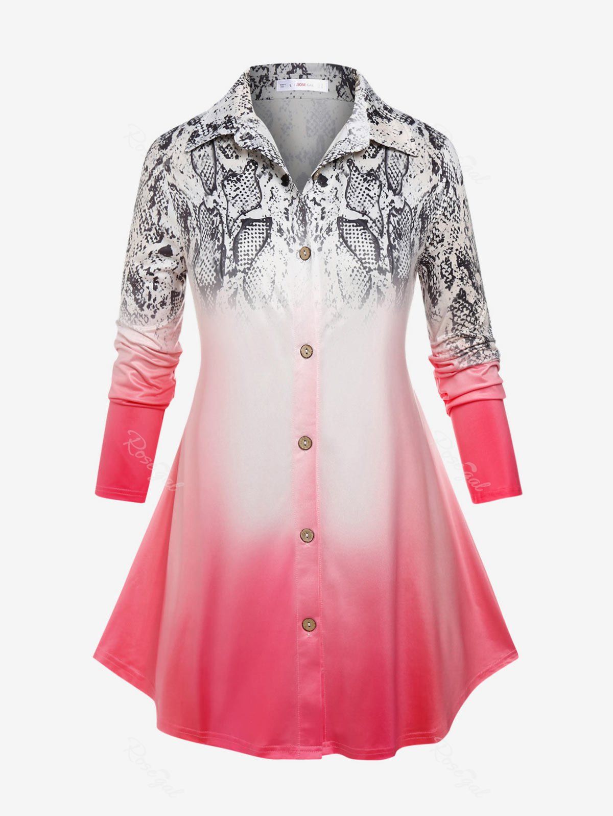 Store Plus Size Ombre Snake Print Button Up Tunic Shirt  