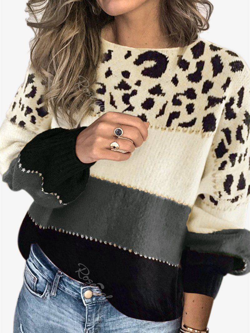 Discount Plus Size Leopard Pattern Colorblock Sweater  