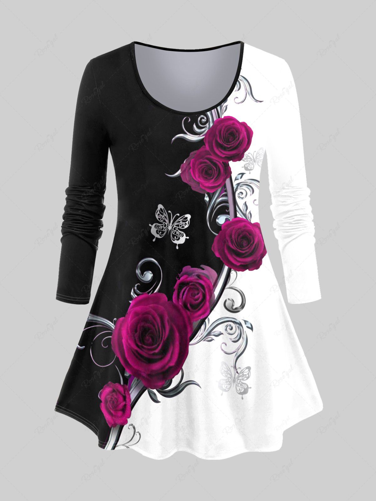 Fashion Plus Size 3D Rose Printed Colorblock Long Sleeves Tee  