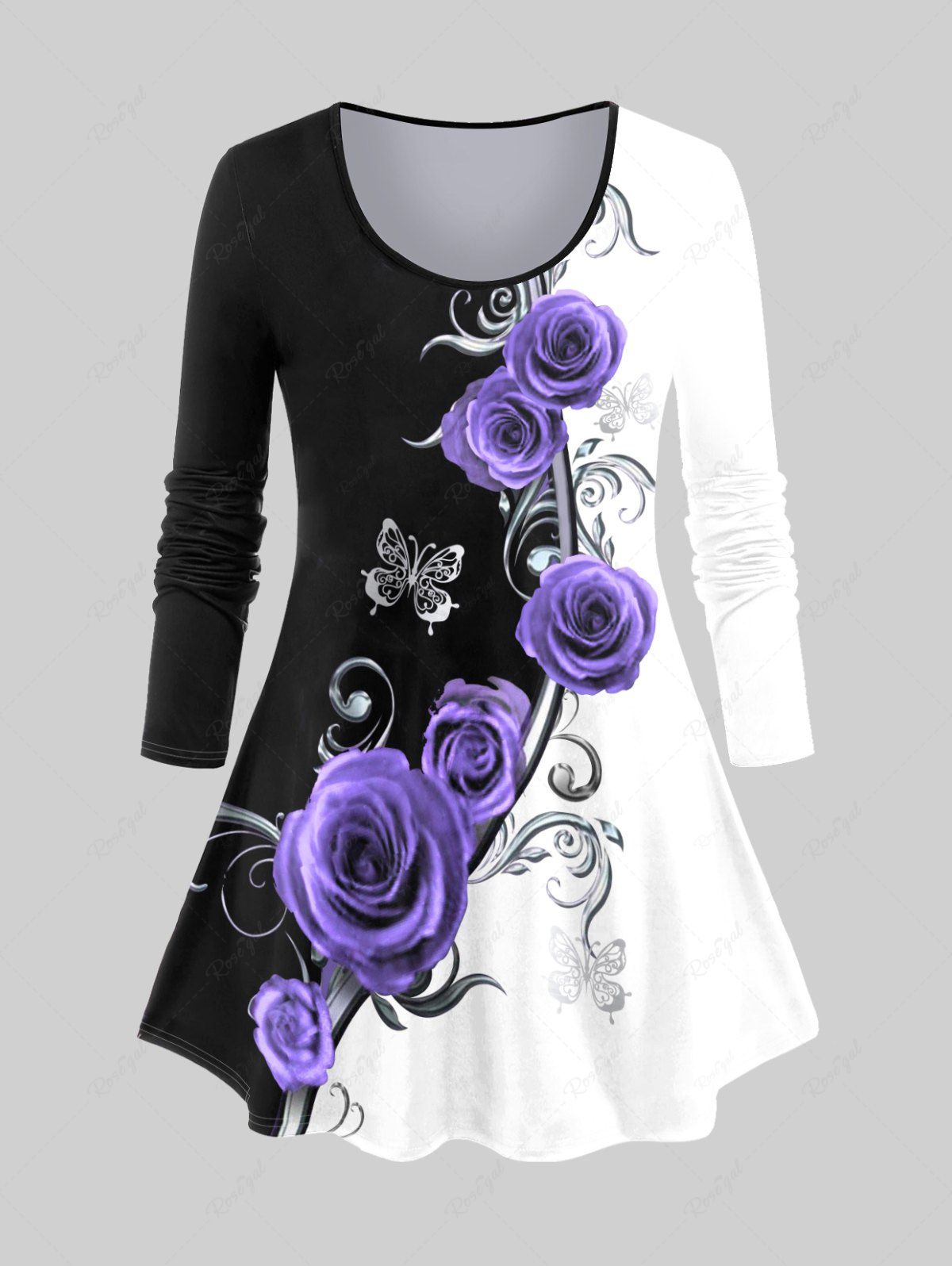 T-shirt à Imprimé 3D Rose en Blocs de Couleurs de Grande Taille à Manches Longues Violet clair 
