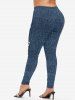 Plus Size 3D Ripped Checked Heart Gesture Print Leggings -  