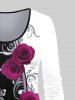 Plus Size 3D Rose Printed Colorblock Long Sleeves Tee -  