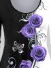 Plus Size 3D Rose Printed Colorblock Long Sleeves Tee -  