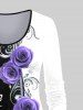 Plus Size 3D Rose Printed Colorblock Long Sleeves Tee -  