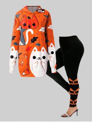 Costume D'Halloween avec Sweat à Capuche Long à Motif Chat et Citrouille et Legging Dessin Animé