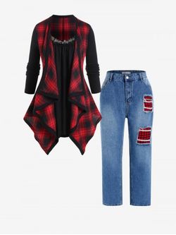 Plus Size Plaid Lace Trim Draped Twofer Tee and High Waisted Jeans Outfit - RED