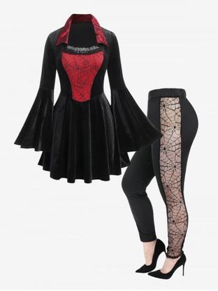 Halloween Lace Trim Spider Web Colorblock Flare Sleeves Dress and Gothic Spider Web Panel Pants Outfit