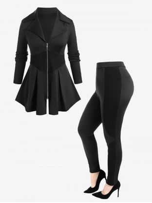 Ribbed Panel Zipper Fly Jacket and Colorblock Pants Plus Size Outerwear Outfit
