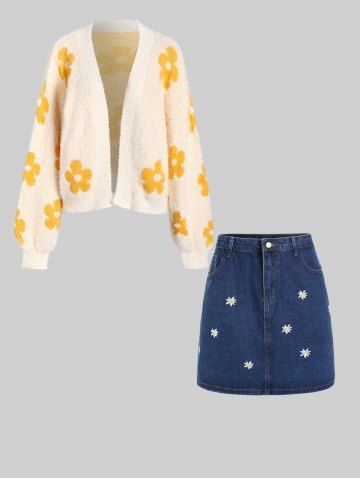 Flower Open Front Drop Shoulder Mohair Cardigan and Daisy Embroidered Denim Mini Bodycon Skirt Plus Size Outerwear Outfit