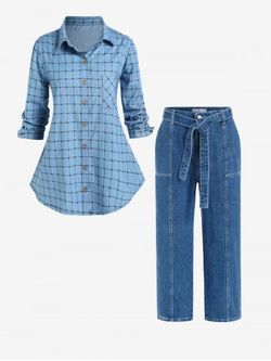 Plus Size Plaid Roll Tab Sleeves Tunic Shirt and Topstitching Belted Mom Jeans Outfit - 黑色