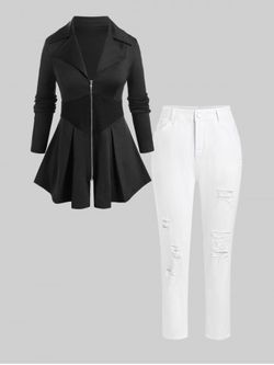 Plus Size Ribbed Panel Zipper Fly Jacket and High Rise Pencil Jeans Outfit - WHITE