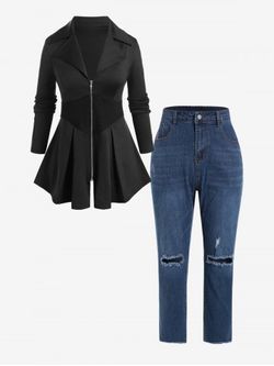 Plus Size Ribbed Panel Zipper Fly Jacket and High Rise Pencil Jeans Outfit - BLACK