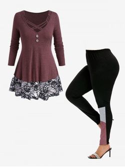 Plus Size Floral Lace Panel Crisscross T-shirt and Colorblock Leggings Outfits - DEEP RED