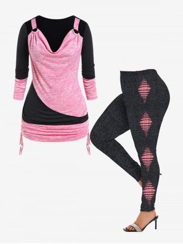 Plus Size Two Tone Cowl Neck Rings Ruched Detail Top and 3D Ripped Print Leggings Outfits