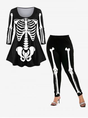 Ensemble de T-shirt Costume D'Halloween à à Imprimé Squelette à Manches Longues et Legging Moulant
