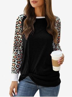 Plus Size Leopard Print Raglan Sleeve Knotted T-shirt - BLACK - 2XL