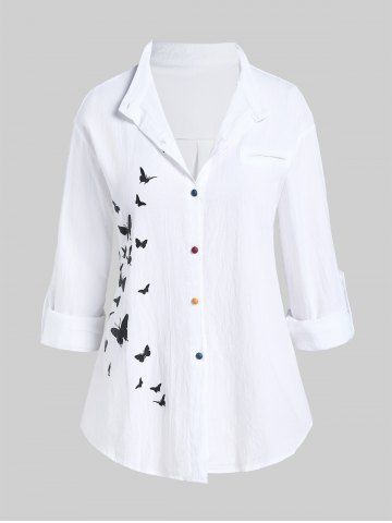 Chemise Longue à Imprimé Papillon à Manches Roulées Grande Taille - WHITE - L