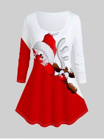 Plus Size Christmas Elk Print Colorblock T-shirt