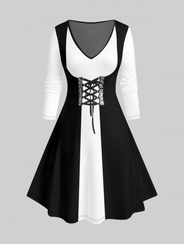 Plus Size 3D Lace Up Print Two Tone Dress - BLACK - L | US 12