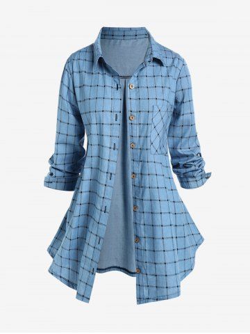 Plus Size Plaid Roll Tab Sleeves Tunic Shirt and Topstitching Belted Mom Jeans Outfit
