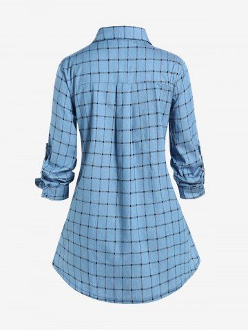 Plus Size Plaid Roll Tab Sleeves Tunic Shirt and Topstitching Belted Mom Jeans Outfit