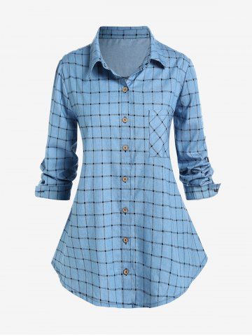 Plus Size Plaid Roll Tab Sleeves Tunic Shirt and Topstitching Belted Mom Jeans Outfit