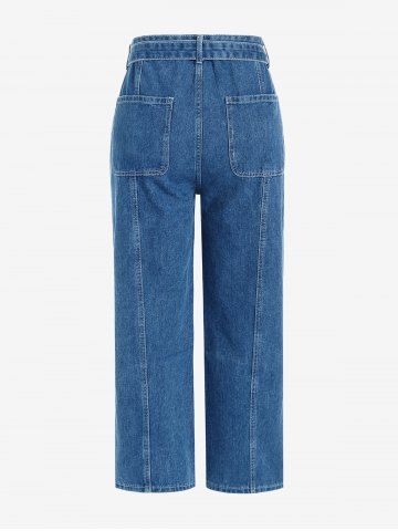 Plus Size Plaid Roll Tab Sleeves Tunic Shirt and Topstitching Belted Mom Jeans Outfit