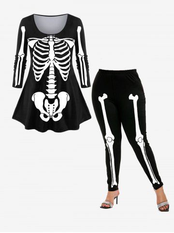 Ensemble de T-shirt Costume D'Halloween à à Imprimé Squelette à Manches Longues et Legging Moulant - BLACK