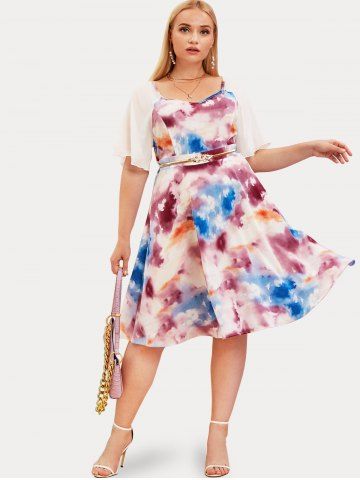 Plus Size & Curve Flutter Sleeve Tie Dye Chiffon Dress